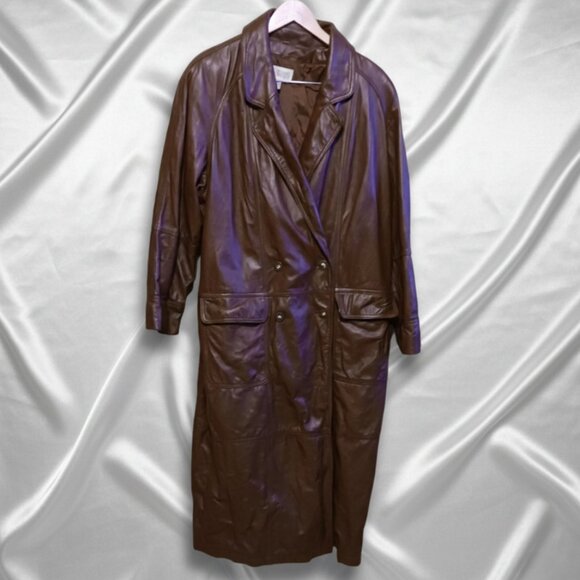Together Jackets & Blazers - Vintage 80s Together Leather Double Breasted Maxi Trench Coat Brown Womens Sz 16
